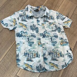 Eddie Bauer Kids Fishing Print Short Sleeve Poplin Button Up Shirt